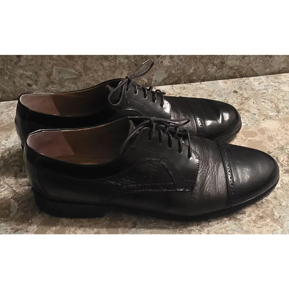 Stamati Mastroianni Men’s Black Leather Cap Toe Oxford Bespoke Shoes Size 10.5 W